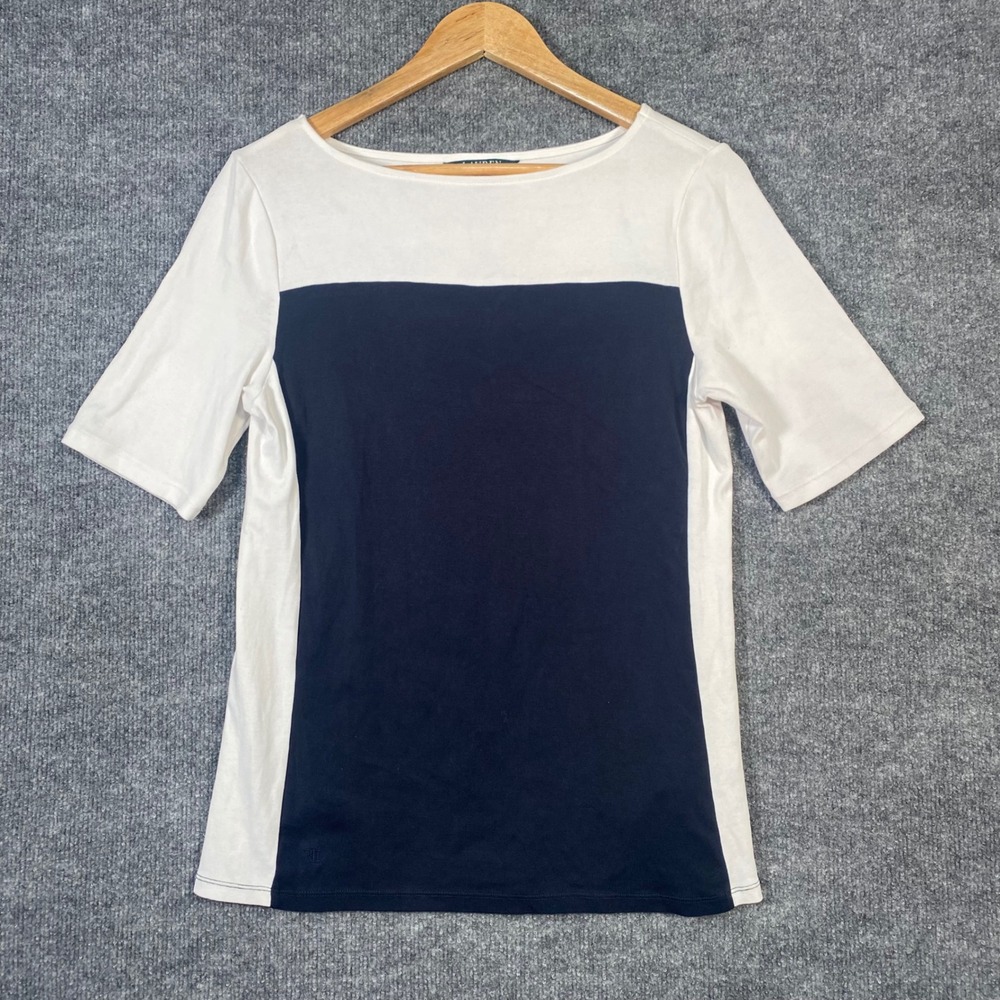 Lauren Ralph Lauren Preppy Top Women Large Navy White Minimalist Office Classic